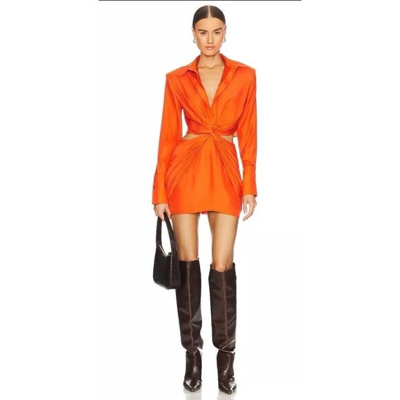 $660 GAUGE81 Mandarin Plunge Neck Cutout Dress Long Sleeve 100% Silk Women Small